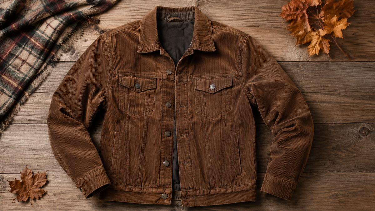 Brown corduroy jacket displayed on a wooden surface