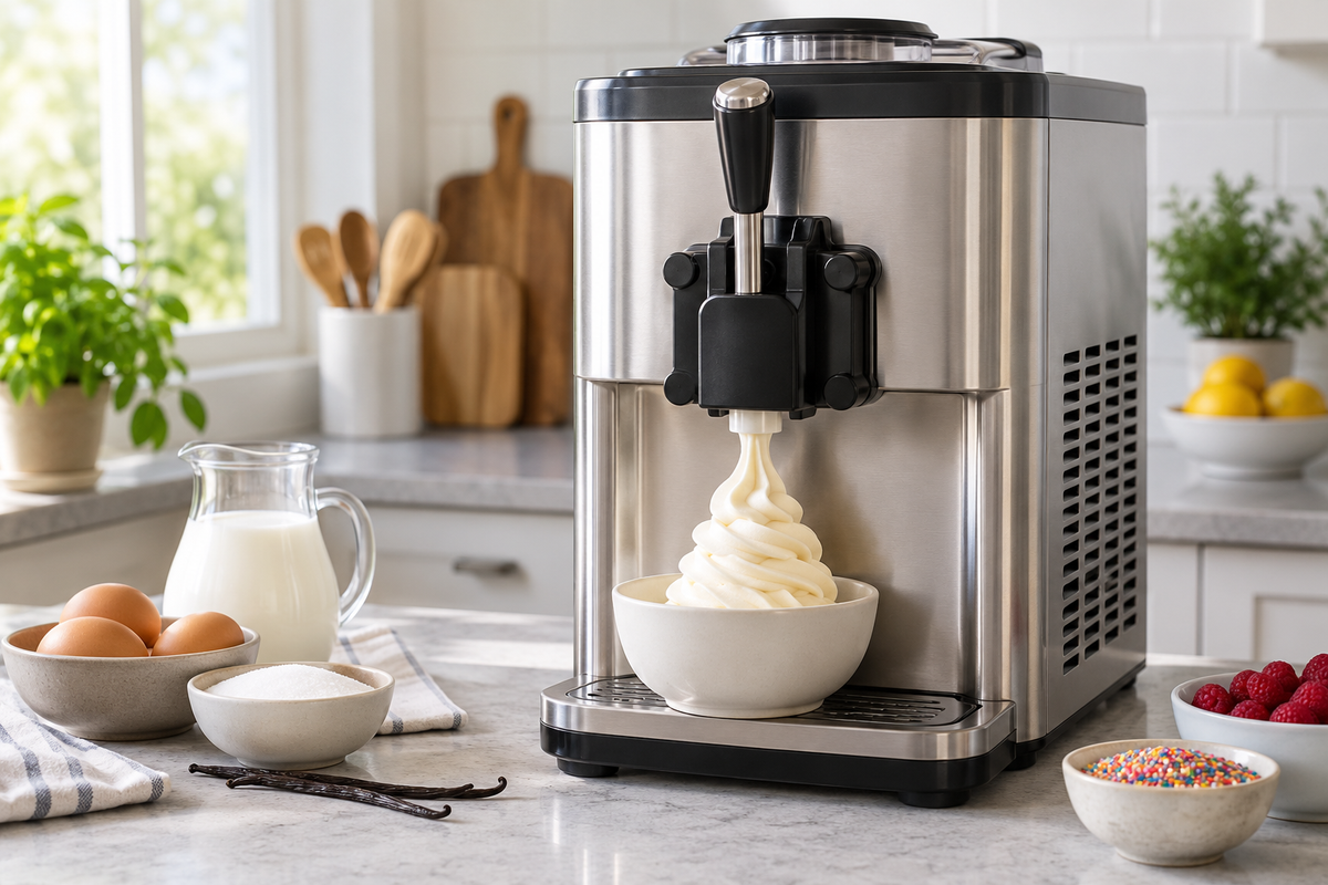 Countertop frozen custard machine dispensing dessert