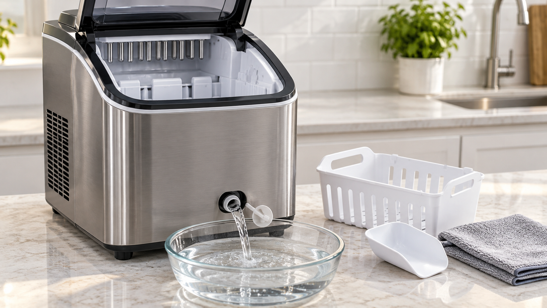 Countertop ice maker draining into a clean basin