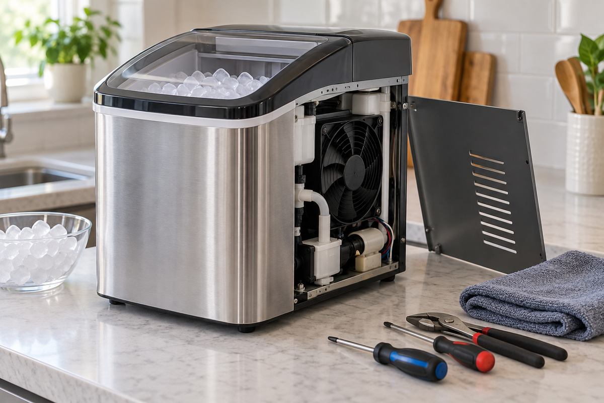 Countertop ice maker open for careful troubleshooting