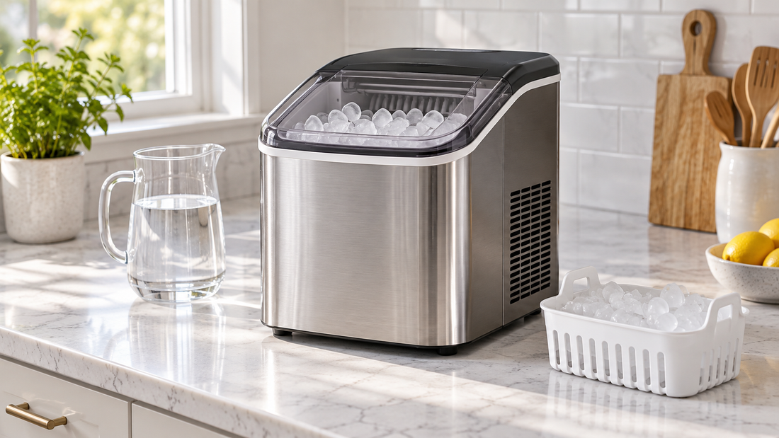 Countertop ice maker with clearance, water pitcher, and ice basket