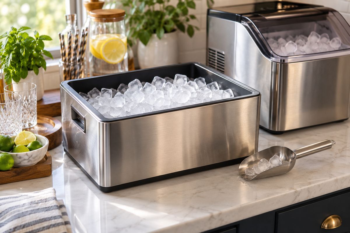 Insulated countertop ice storage bin beside an ice maker