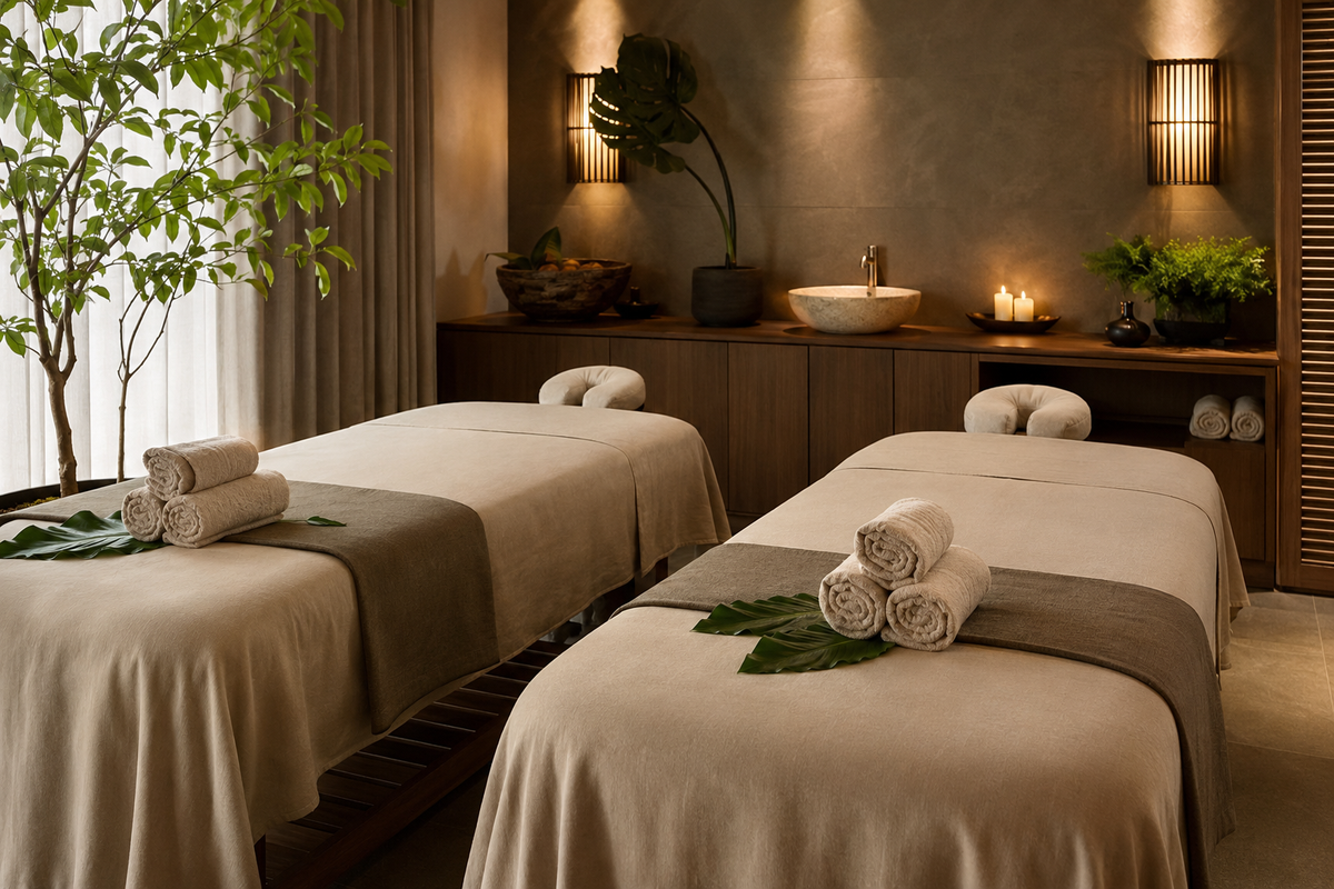 Spa room prepared for a professional couples massage