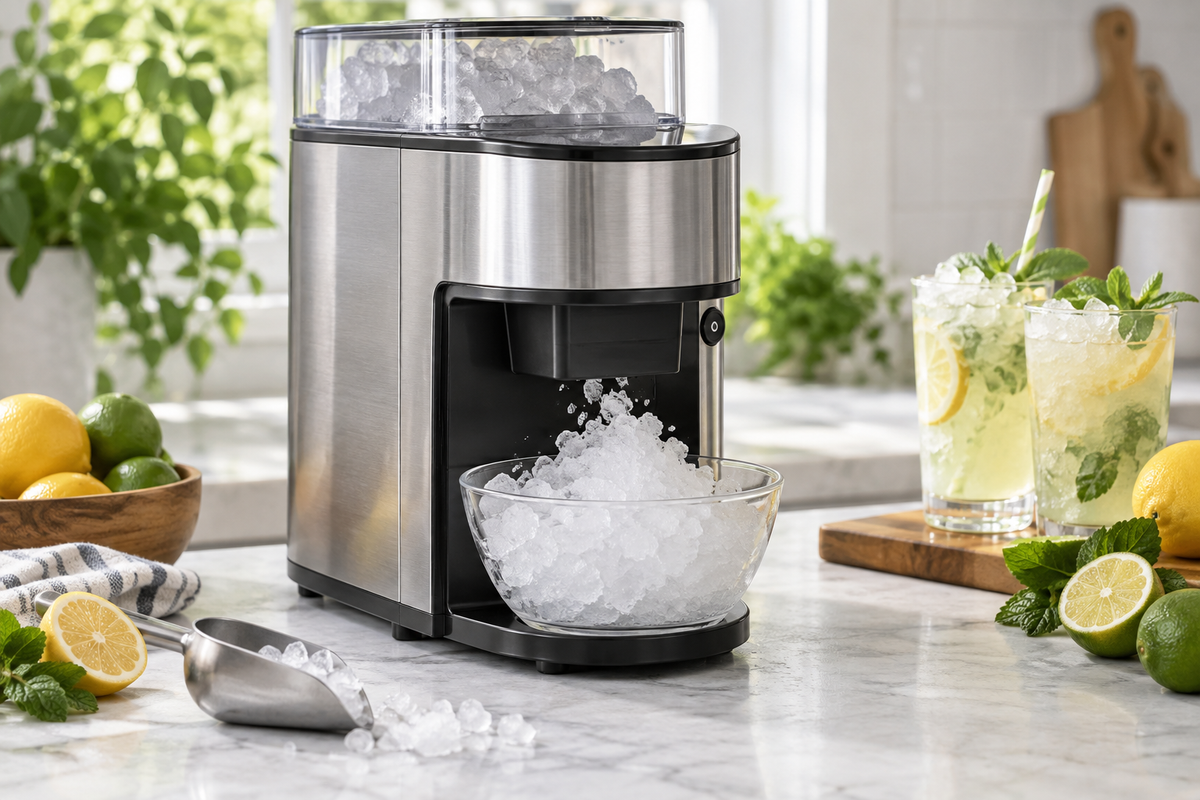 Compact crushed-ice machine on a home beverage counter