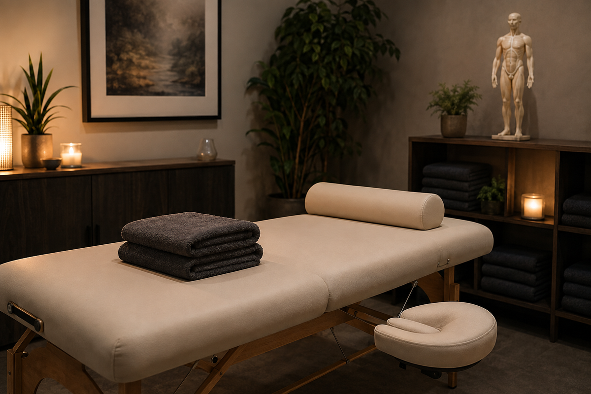 Professional deep tissue massage studio prepared for an appointment
