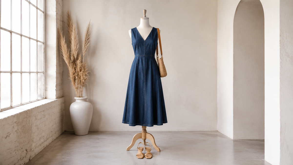 Denim dress displayed in a bright minimalist studio