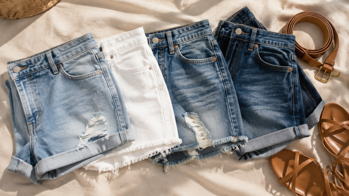 Denim shorts in several washes arranged for summer styling