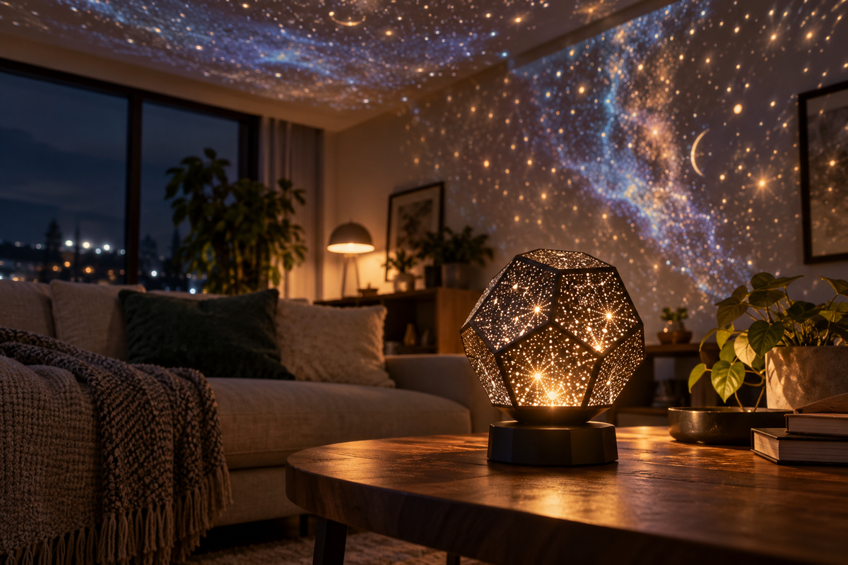 Dodecahedron star projector casting soft celestial light in a modern room
