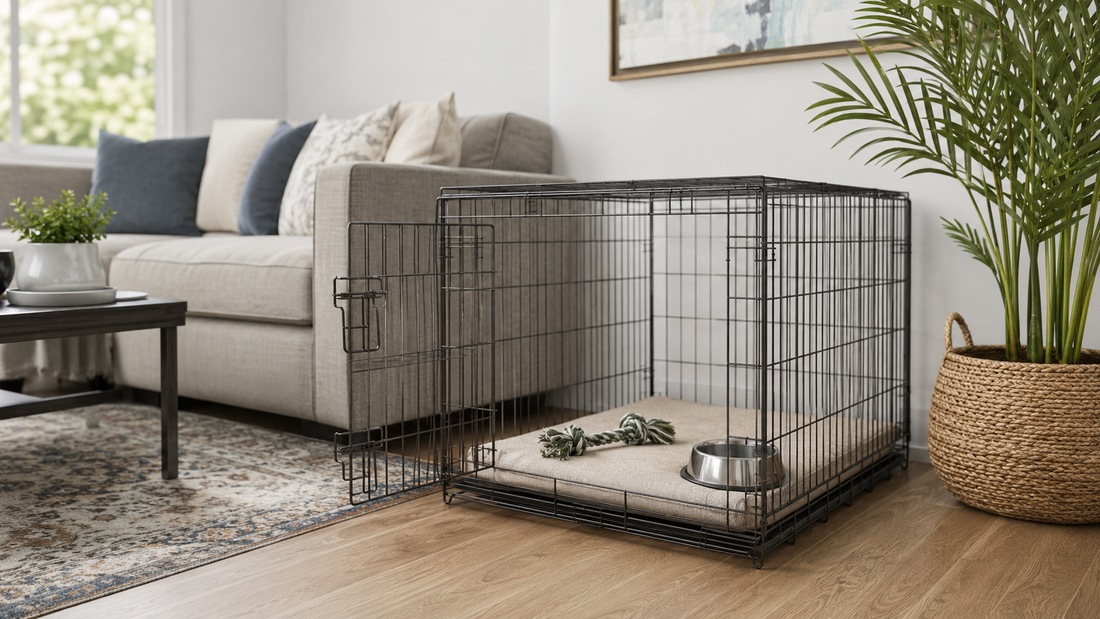 Dog crate set up safely in a calm living room