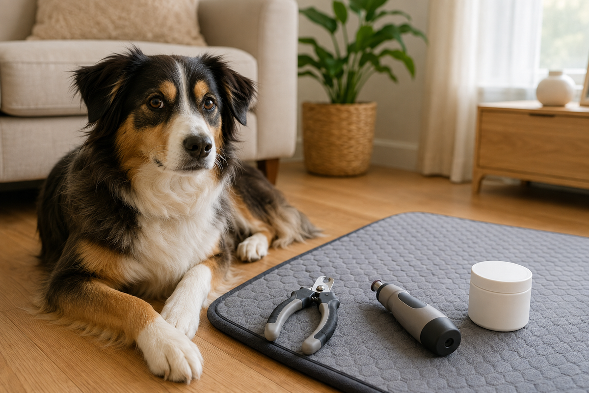 Calm dog beside generic nail clippers and grooming tools