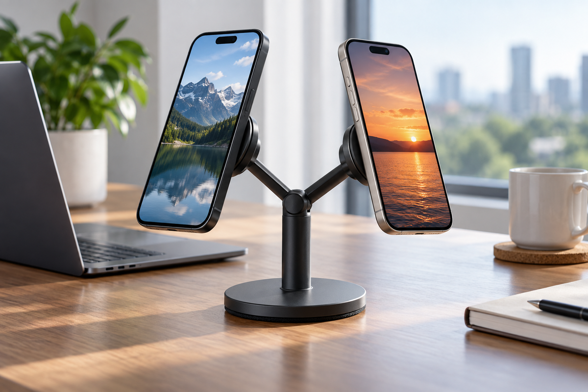 Dual magnetic phone holder supporting two phones on a desk