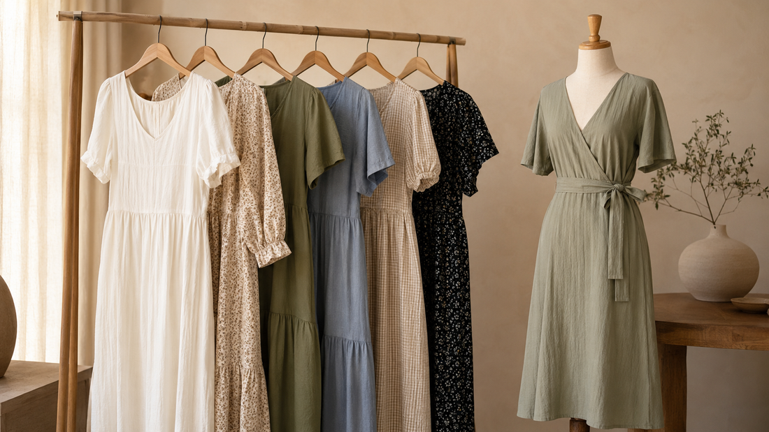 Everyday dresses in varied styles and neutral colors