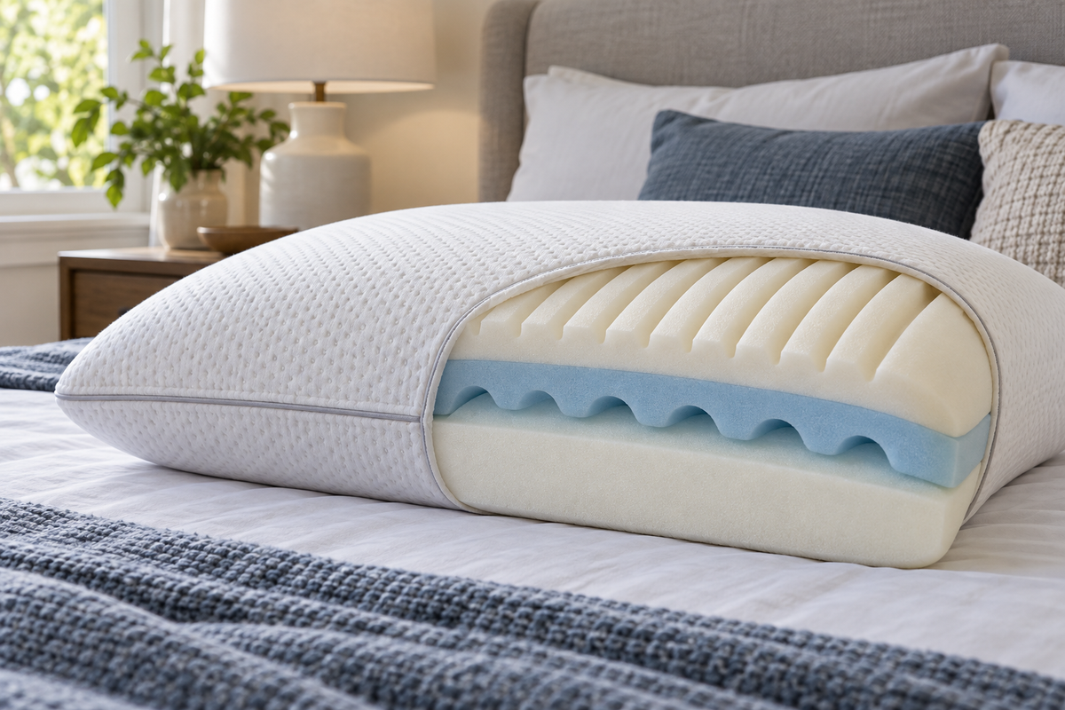 Layered dual-support foam-core pillow on a neatly made bed