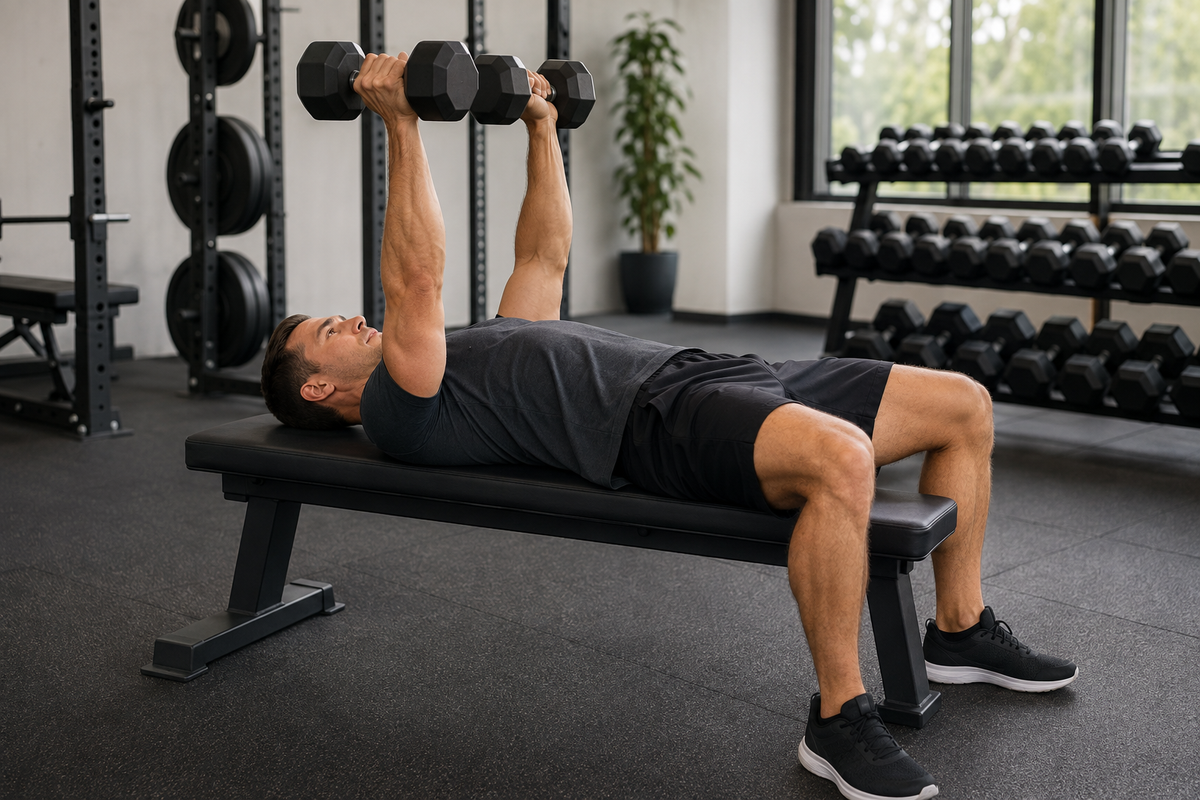 Athlete performing a controlled dumbbell bench press