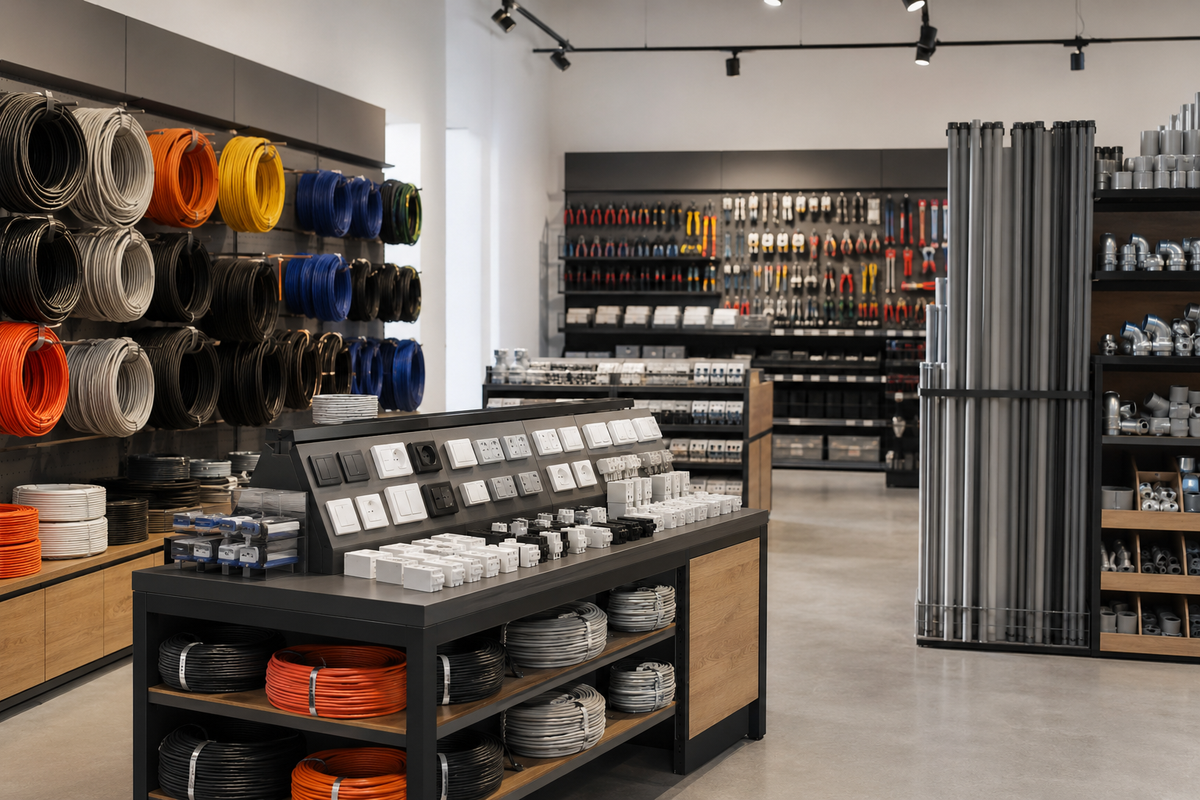 Electrical supplies and cables displayed in a clean store