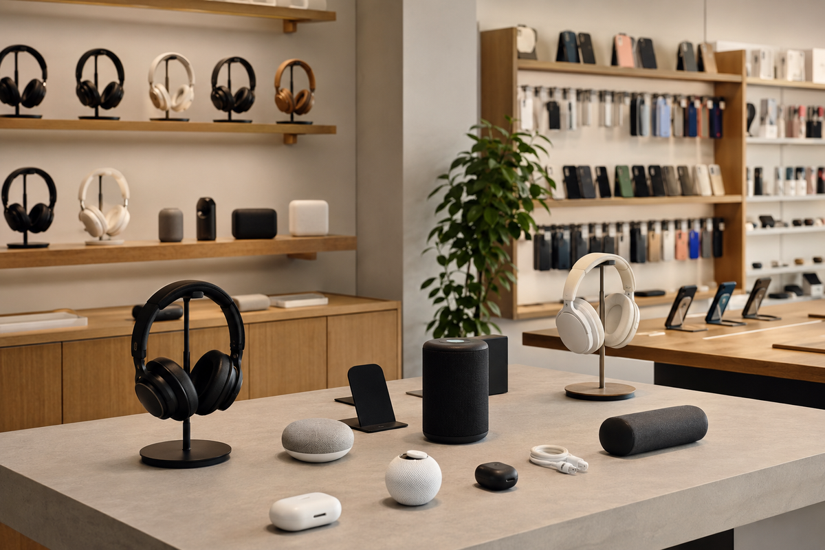 Unbranded electronics and audio accessories in a modern store