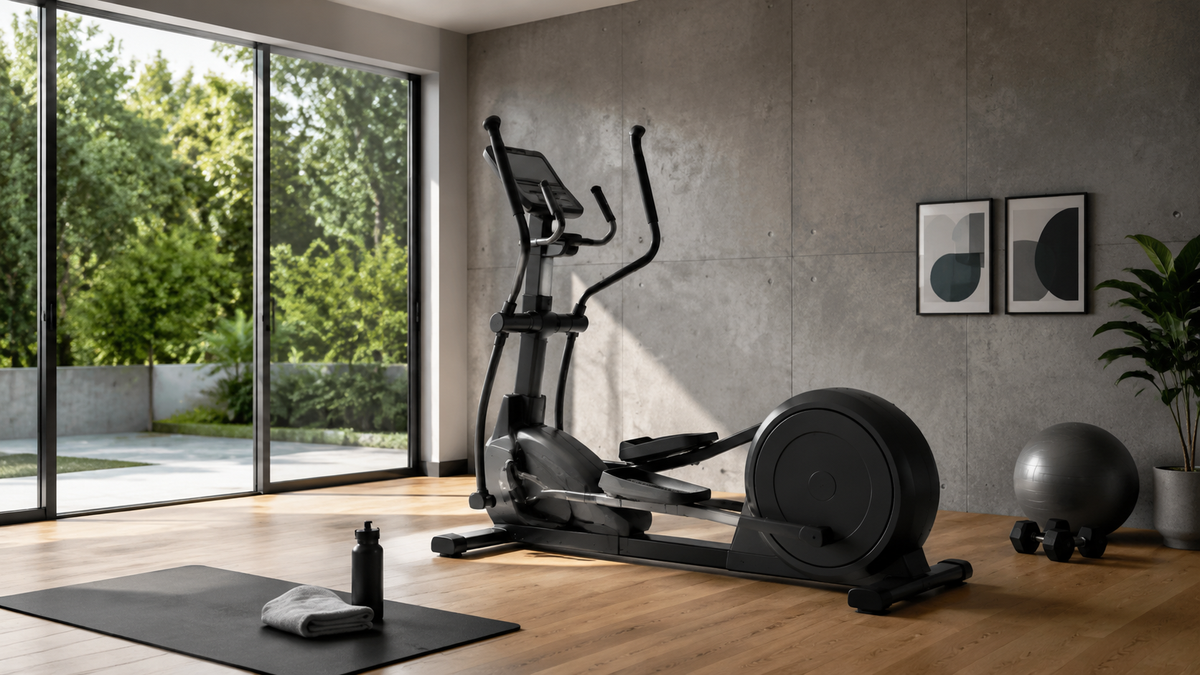 Unbranded elliptical trainer in a modern home gym