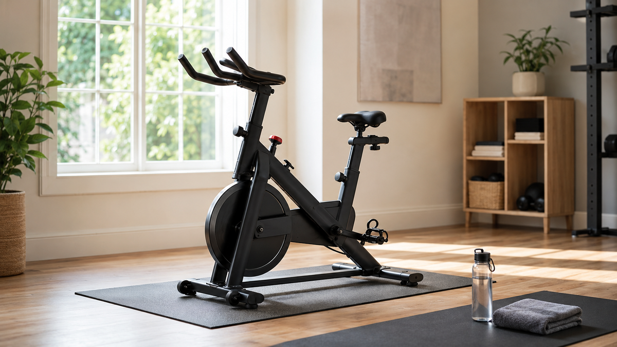 Unbranded exercise bike in a bright home fitness room