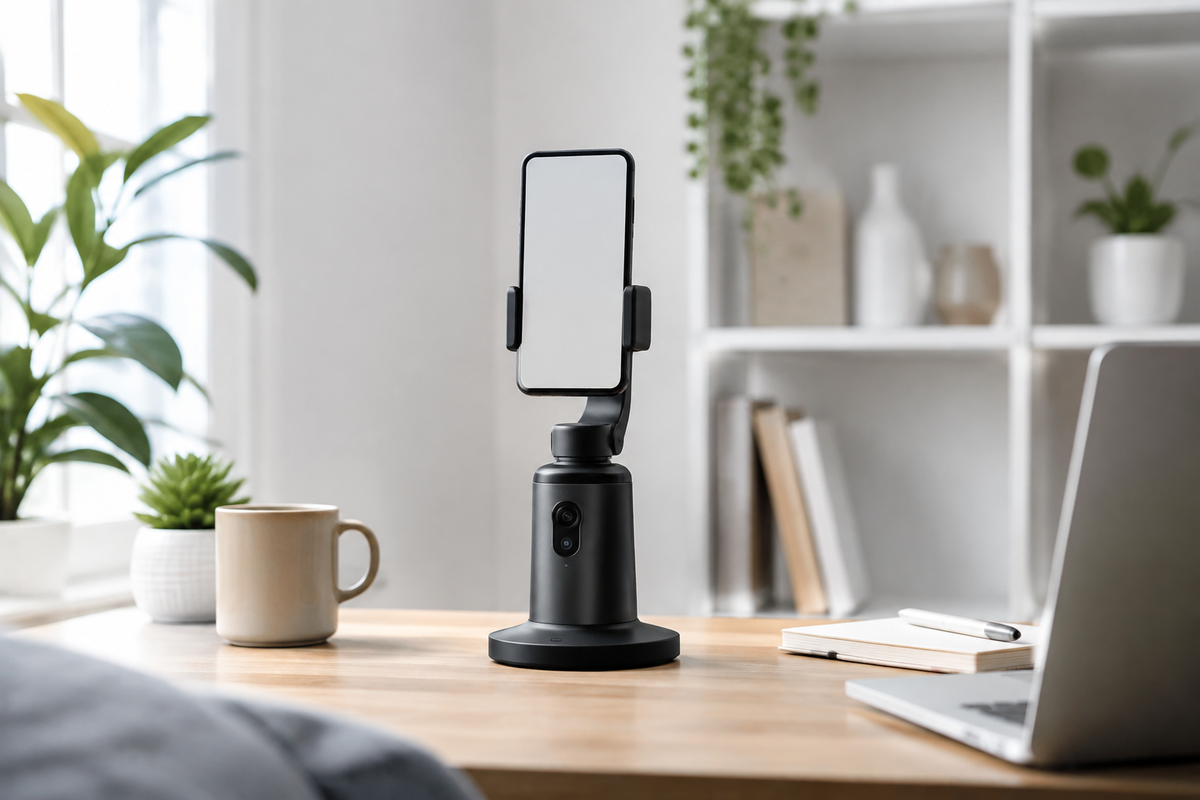 Generic face-tracking phone mount on a content creation desk