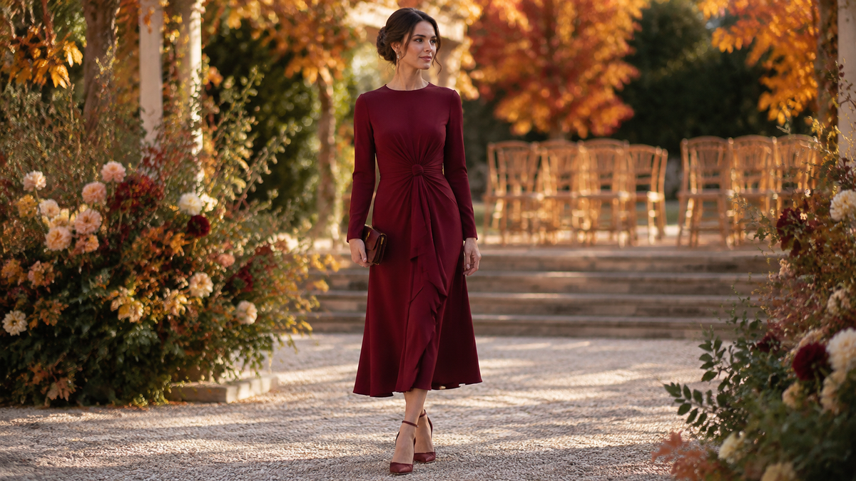 Woman wearing a burgundy fall wedding guest dress outdoors