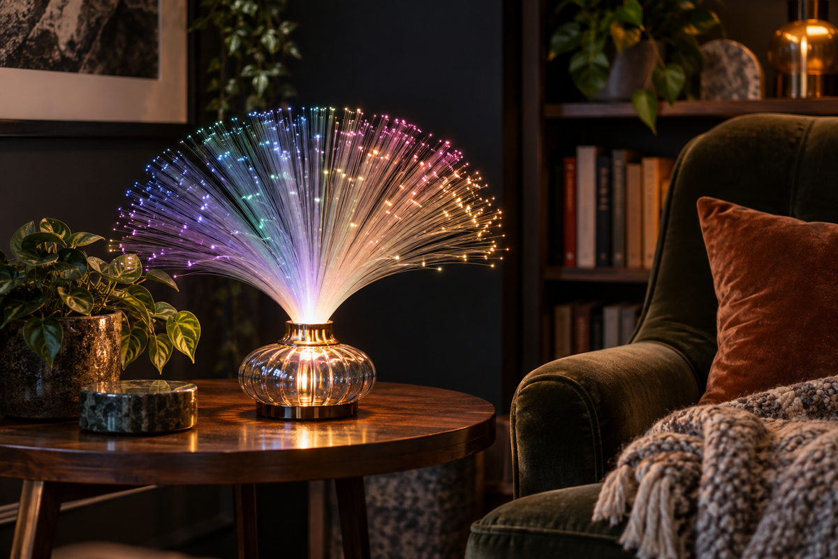 Decorative fiber-optic lamp glowing in a reading corner