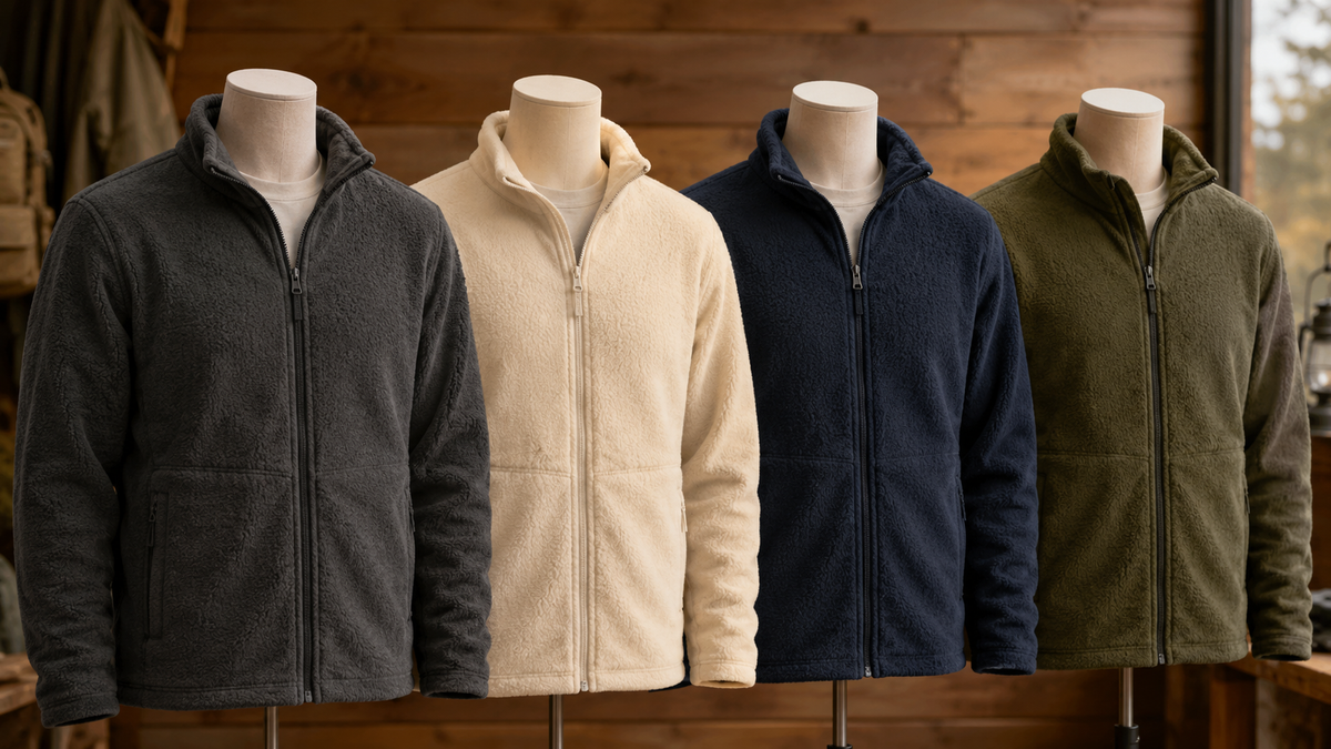 Unbranded fleece jackets displayed in a warm outdoor clothing studio