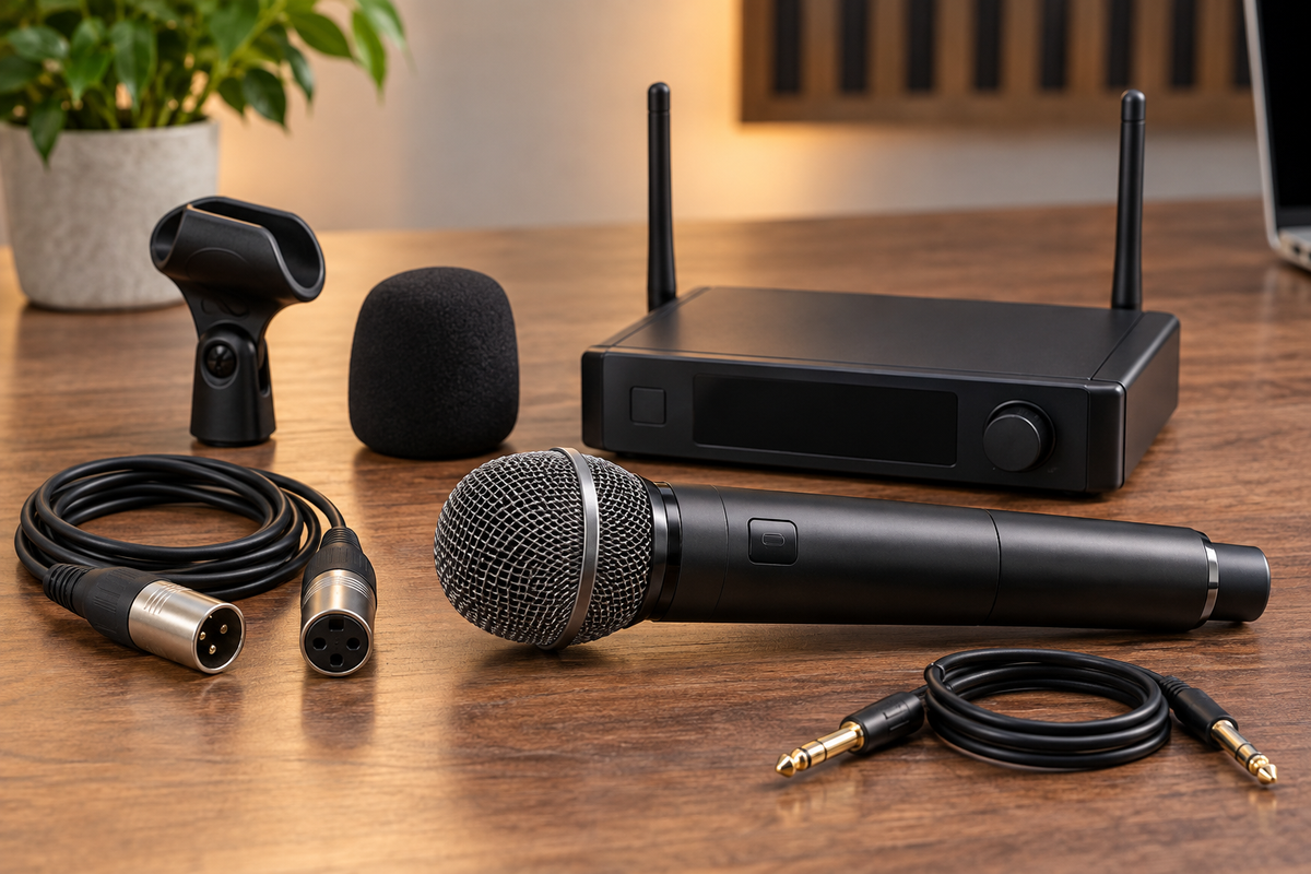 Wireless FM microphone and receiver arranged on a studio desk