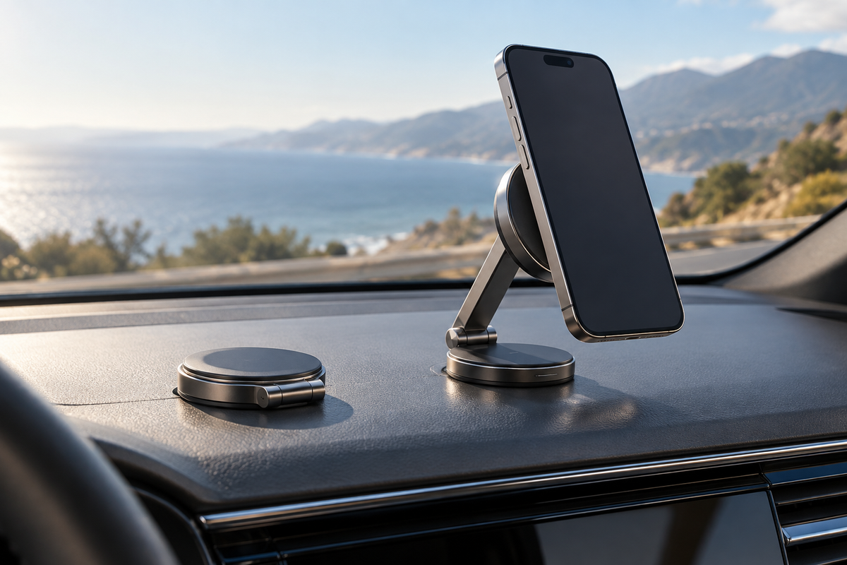 Foldaway magnetic wireless charging phone mount on a car dashboard