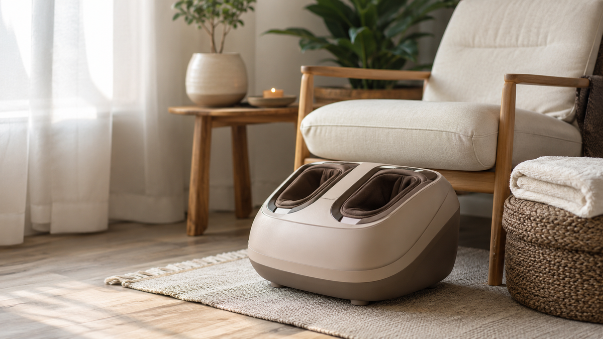 Foot massager in a calm home wellness setting