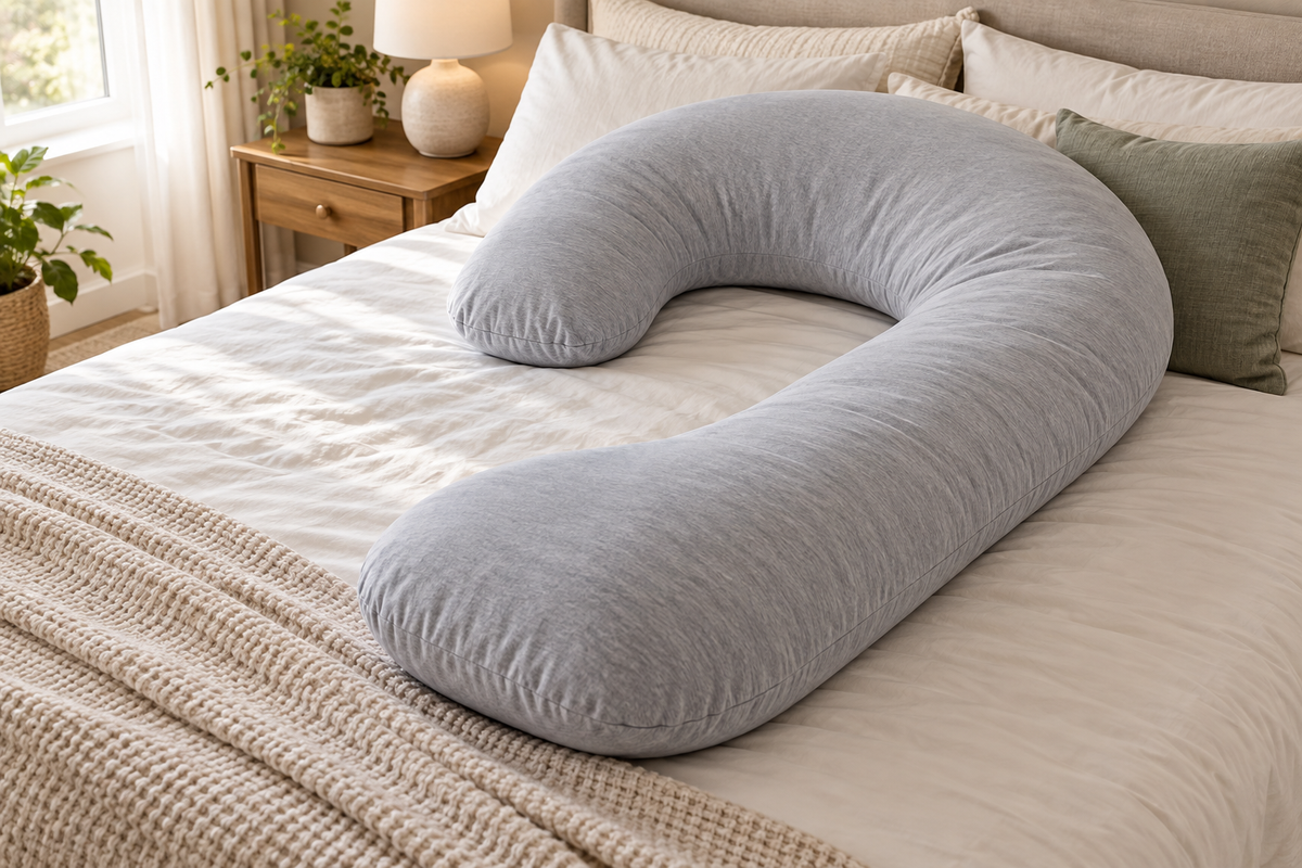 G-shaped pregnancy pillow arranged on a neutral bed