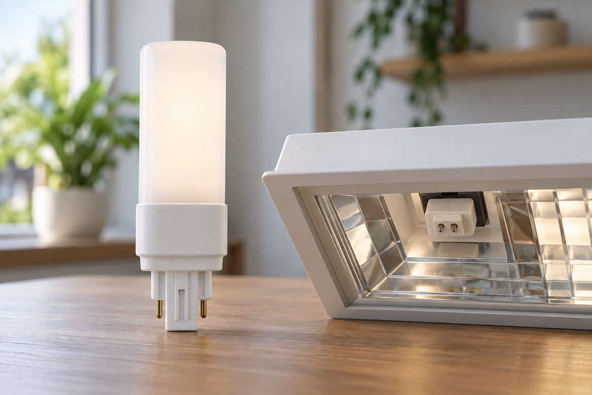 Generic G24-base smart bulb beside a compatible modern fixture