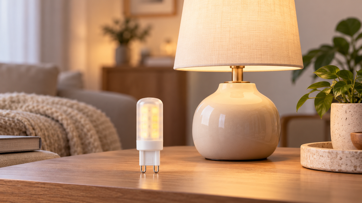 Compact G9 smart bulb beside a modern table lamp