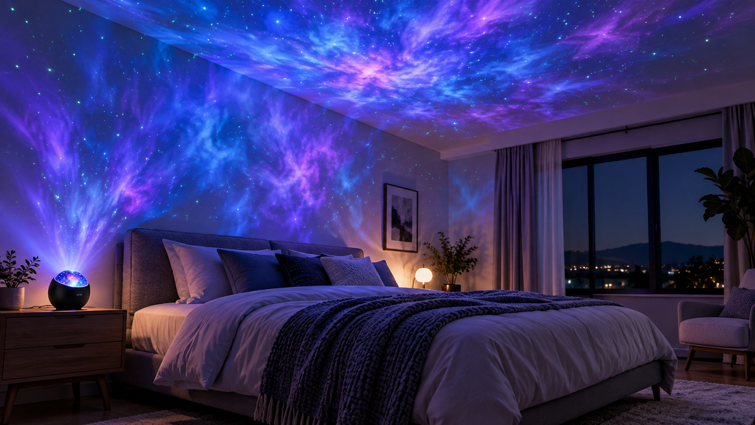 Galaxy light casting blue and violet patterns across a bedroom