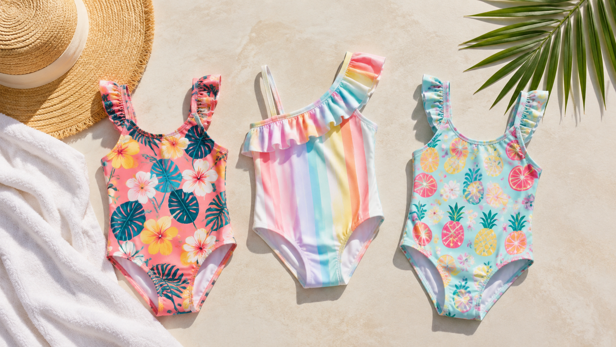 Colorful girls swimsuits arranged in a summer flat lay