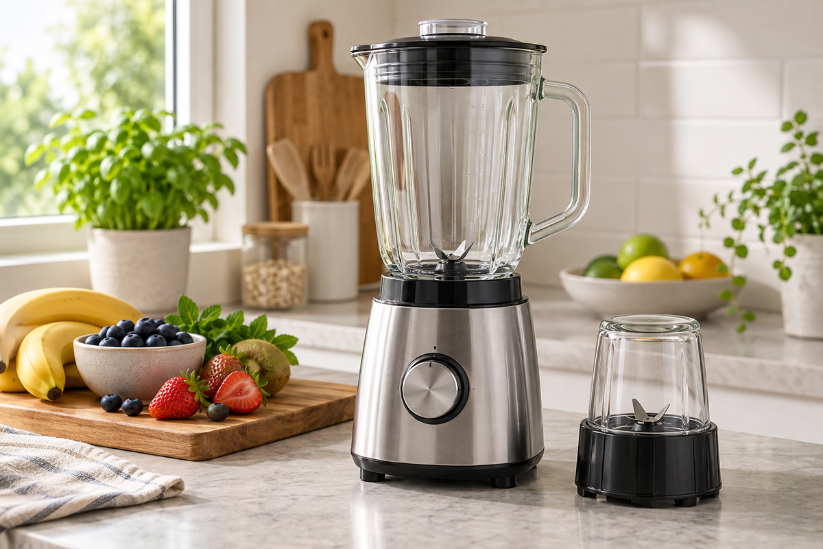 Countertop blender with glass jug and separate grinder attachment