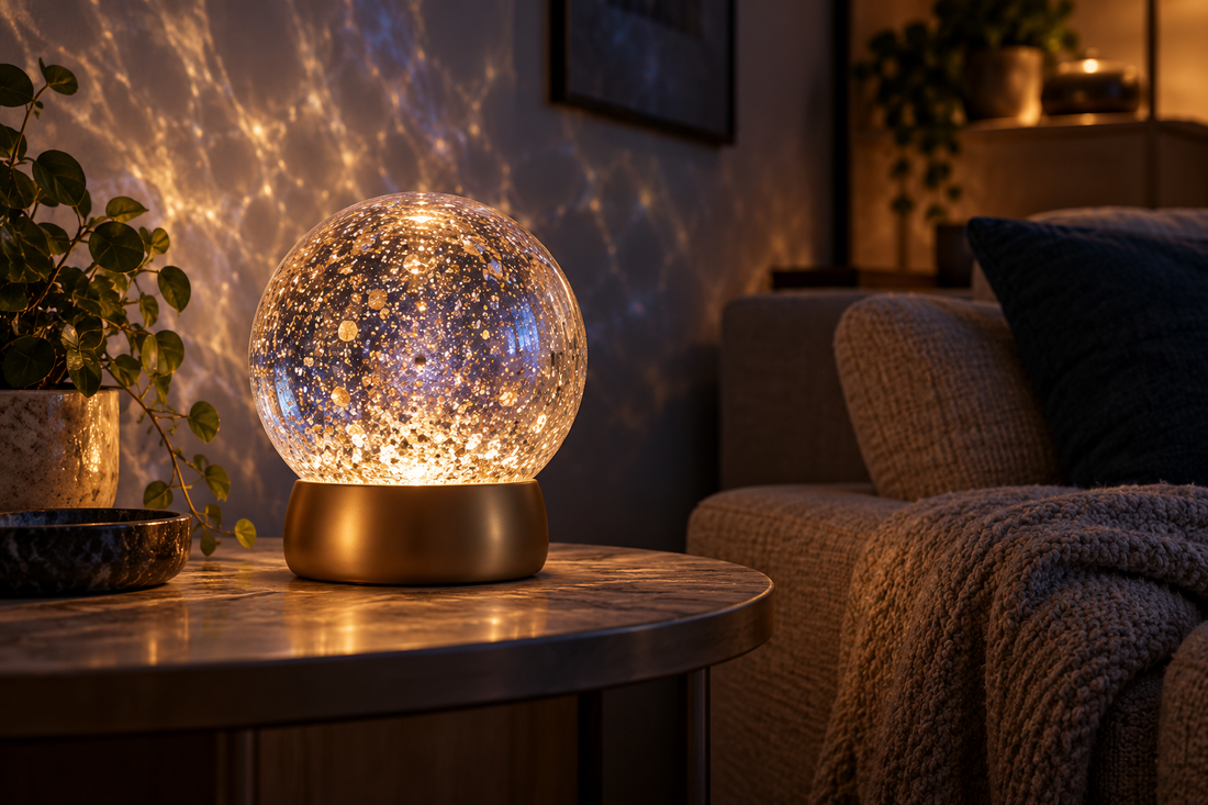 Glitter globe projector lamp casting ambient light