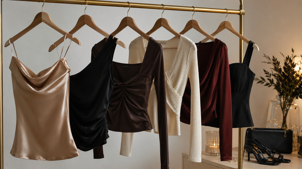 Going out tops in different fabrics on a clothing rail