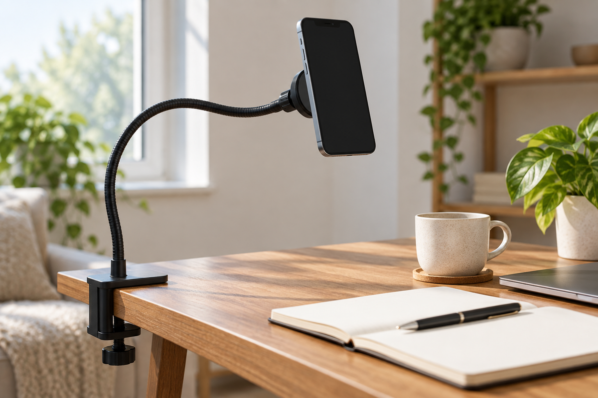 Flexible gooseneck magnetic phone mount holding a smartphone above a desk