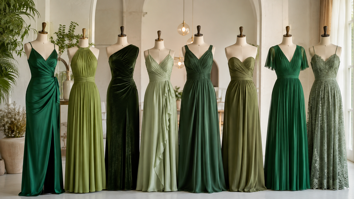 Unbranded green dresses in several shades and silhouettes