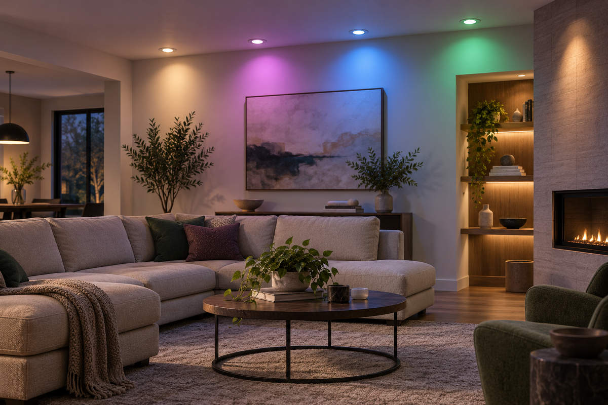 GU10 color-changing spotlights in a living room