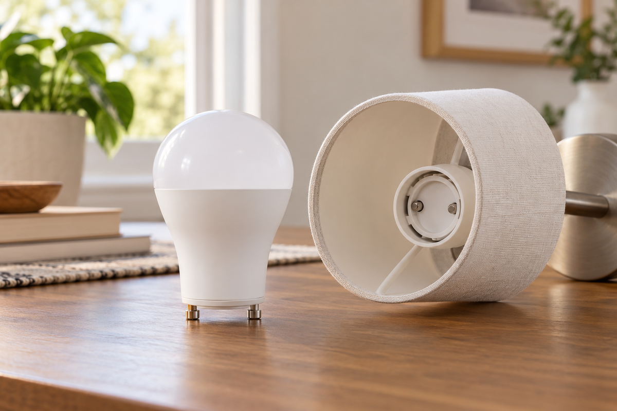 GU24 smart bulb beside a compatible lamp socket