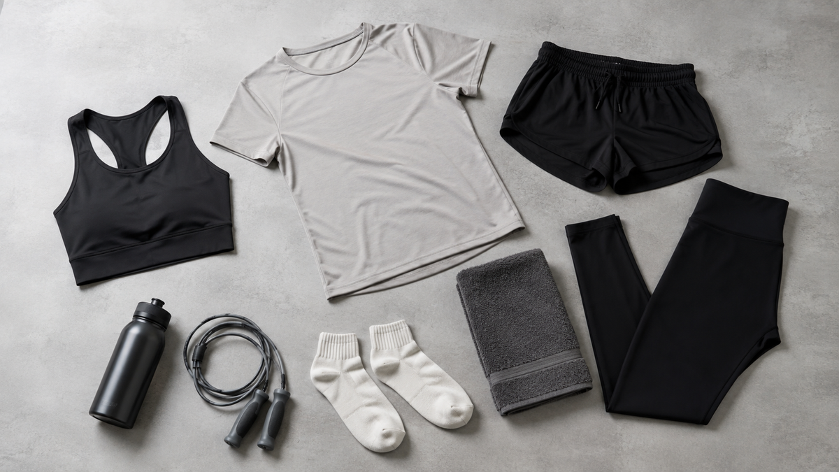 Neutral gym clothes and fitness accessories arranged for training