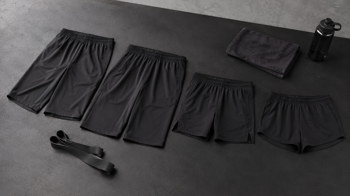 Unbranded gym shorts arranged with simple fitness accessories