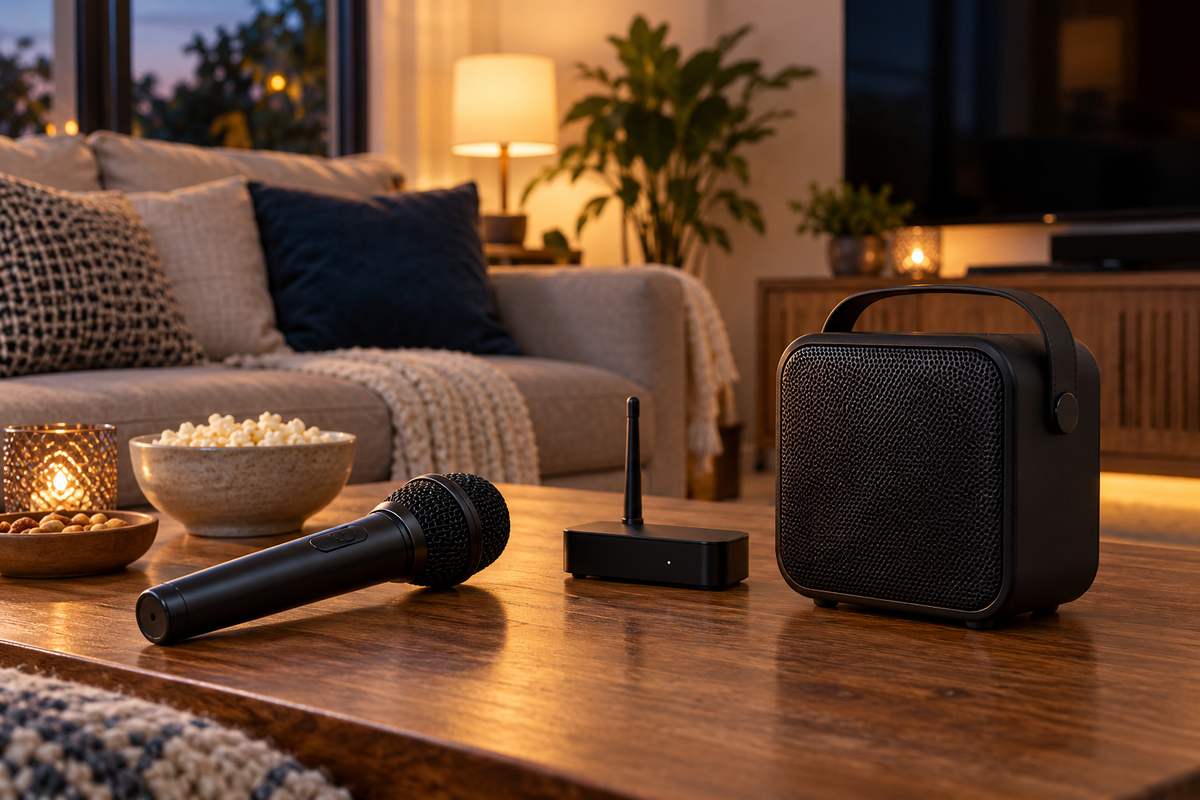 Handheld karaoke microphone with compact receiver and speaker