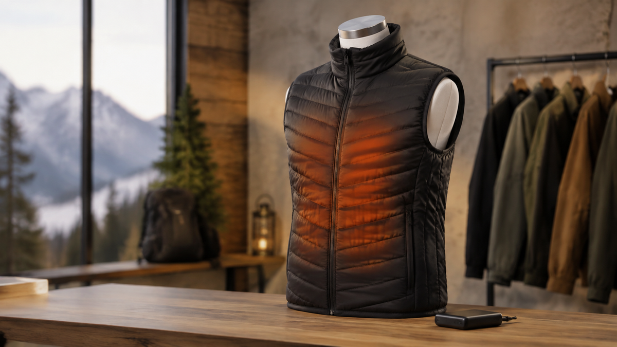 Unbranded heated vest displayed in a warm outdoor clothing setting