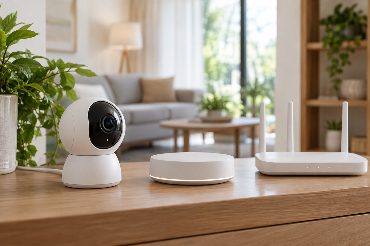 Indoor Wi-Fi security camera with smart hub and router