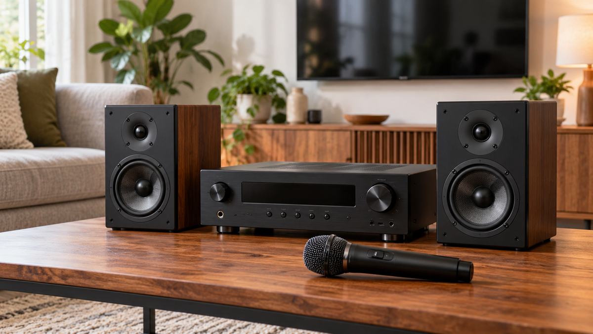 Compact home sound system with two speakers and a wireless microphone