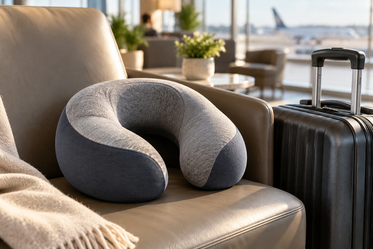 Hybrid travel pillow beside carry-on luggage in an airport lounge