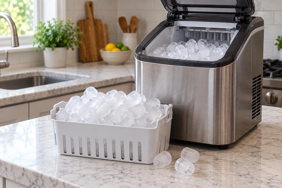 Countertop ice maker with an overfilled removable ice basket