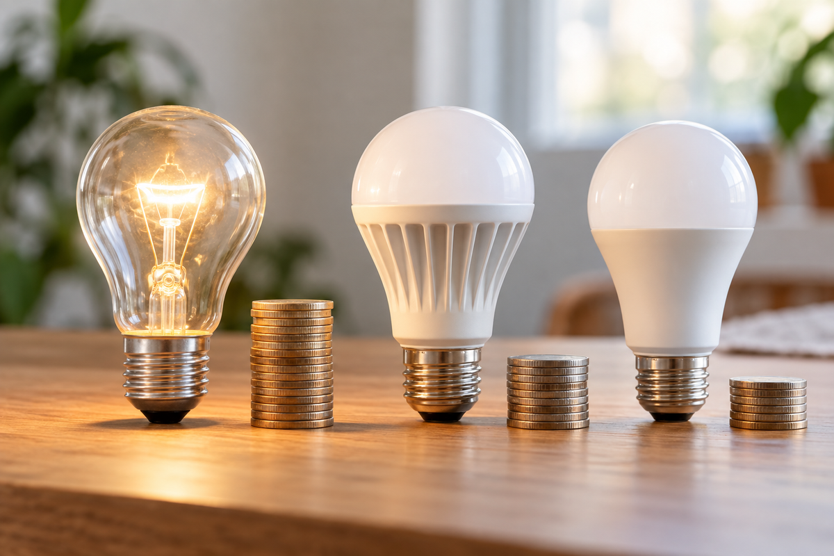 Incandescent-style bulb beside modern LED alternatives